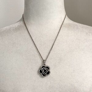 Chanel Style Black Enamel Camilla Crystal Rhinestones Accents Flower Necklace